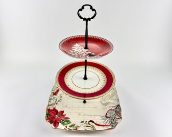 Christmas Tier Cake Plate Stand, Afternoon Tea Stand, Mismatched Vintage Plates