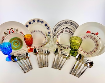 Juego de vajilla vintage de los años 70, piezas desparejadas, estilo mediados de siglo, servicio para 4 personas.