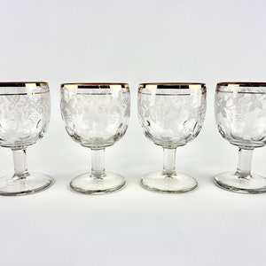 Lot de 4 verres à eau/vin/bière, verres à empreinte digitale, goélettes Bartlett Collins, verre transparent, bordure dorée, motif vigne gravé