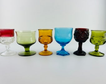 Vintage Mismatched Colored Glass Goblets, Set of 6
