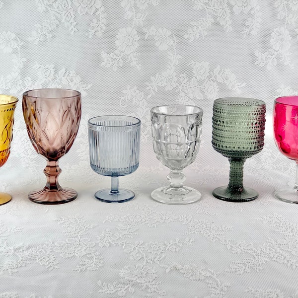 Mismatched Vintage Goblets, Water/Wine Glasses, Set of 6, Boho Style Glasses, Coloured Glass, Vintage Drinking Glasses