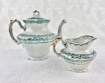 Antique Teapot and Creamer, Mellor Taylor & Co, Hudson Transferware Teapot, Milk Jug, Green and Gold