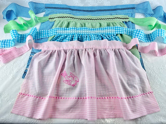 Vintage Gingham Kitchen Apron, Embroidered Half Apron