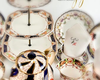 Juego de té inglés para 4 personas, estilo Imari, juego completo para merienda, porcelana vintage.