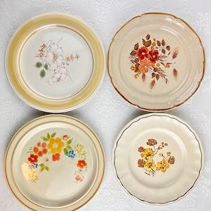 Dinner Plates, Vintage Stoneware, Ironstone Mismatched, Set of 4, Brown, Orange and Yellow, 1970s-1980s Stoneware