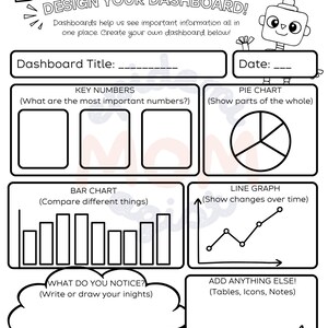May include: A black and white printable worksheet titled D is for DESIGN YOUR DASHBOARD! featuring a cartoon robot, spaces for a title and date, and sections for key numbers, a pie chart, a bar chart, a line graph, notes, and observations.