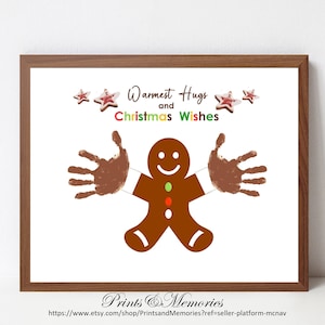 Empreinte de main de Noël de pain d’épices, câlins les plus chaleureux et souhaits de Noël, cadeau de Noël d’empreinte de main, modèle imprimable de carte de bricolage.