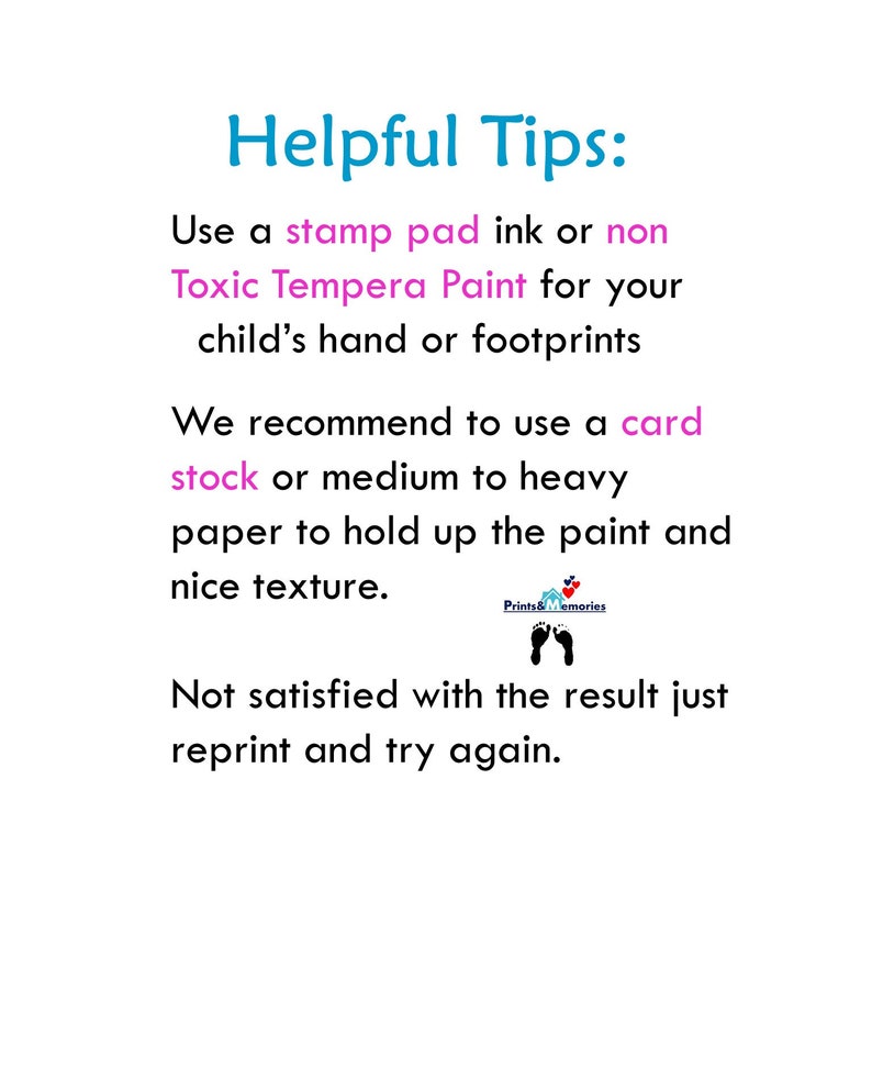 Pu&ograve; includere: Consigli utili per l'utilizzo di un tampone d'inchiostro o di tempera non tossica per creare impronte di mani o piedi. Il testo consiglia di utilizzare cartoncino o carta di medio o pesante spessore per una bella texture. Il testo suggerisce anche di ristampare se il risultato non &egrave; soddisfacente.