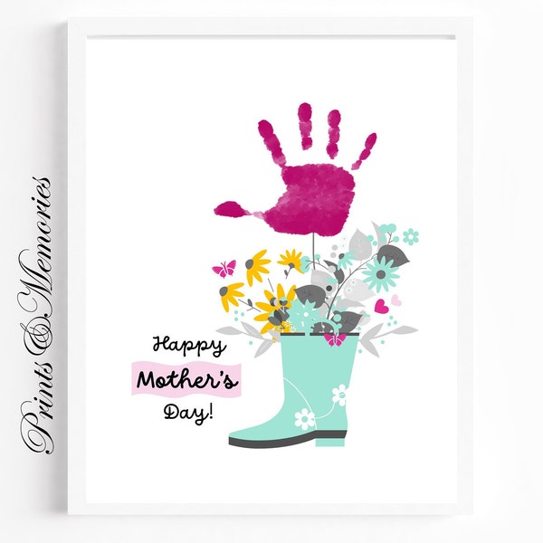 Mother's Day gift  Flower  Handprint, Rainboot Flowers art craft, Baby toddler kid, Preschool, Daycare craft. DIY Handprint art.