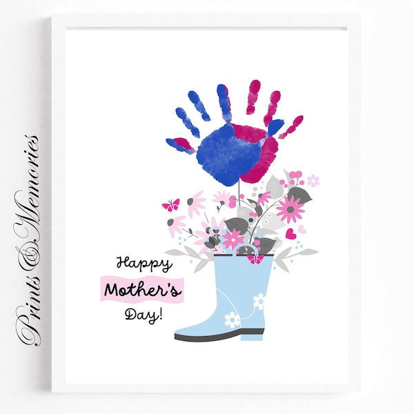 Rainboot Flower Handprint art, Twin, Siblings, child, children gift for Mother's Day, Wildflowers  DIY Handprint craft, Printable Template.