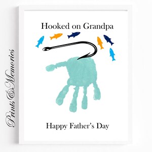 Hooked on Grandpa, Fishing Handprint art, Fisherman&#39;s gift, Father&#39;s Day gift for Grandpa from grandchild, Baby toddler kid craft. Printable