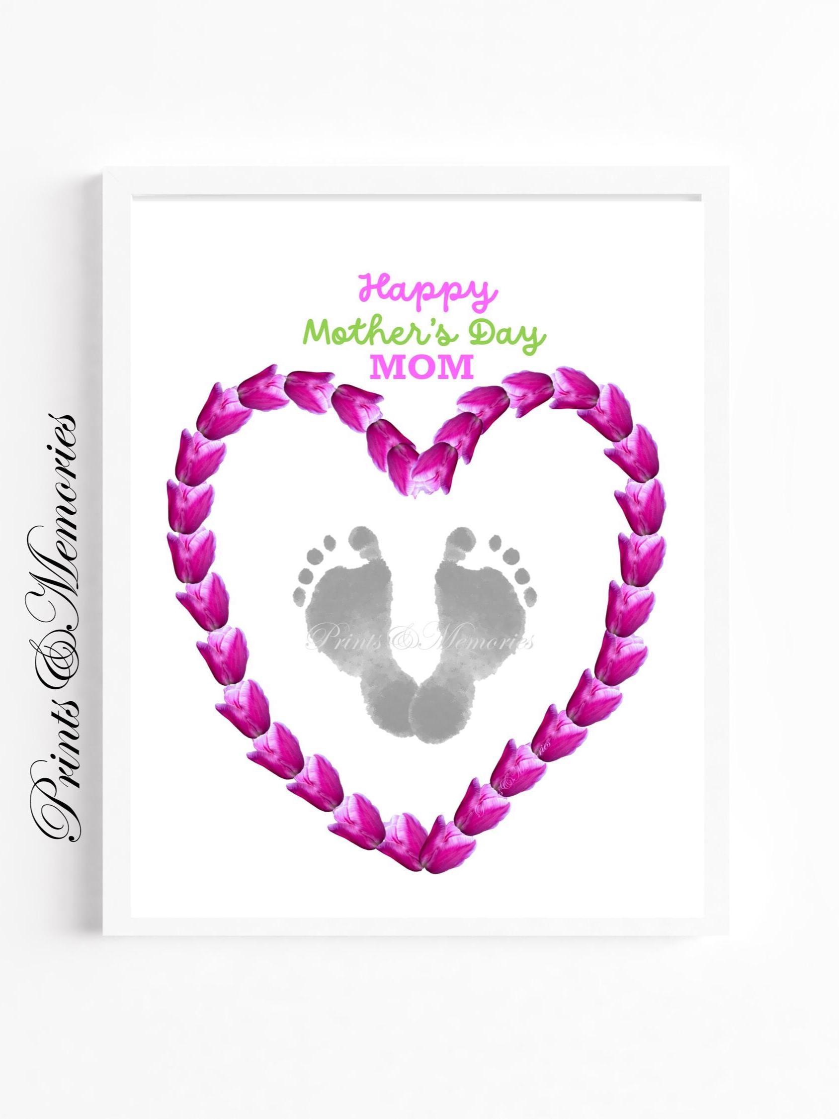 Mother's Day Footprint Art: Pink Tulip Heart Keepsake (digital