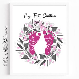 Baby's erste Weihnachten Andenken, Fußabdruck Kunst, DIY Kunst Karte, Weihnachtsgeschenk, Baby Fußabdruck Handabdruck Kunst, Rosa Kranz Printable.