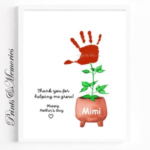 Art d'empreinte de main de pot de fleur de Mimi, merci de m'avoir aidé à grandir, souvenir d'art d'empreinte de main, artisanat de la fête des mères, cadeau d'un petit-enfant.