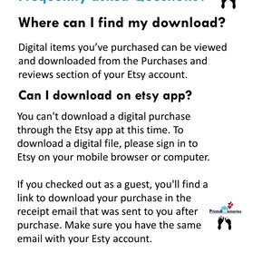 May include: A white page with teal text, answering frequently asked questions about Etsy digital downloads. The text explains how to find downloads and download on the Etsy app. The page includes the logo of Prints & Memories.