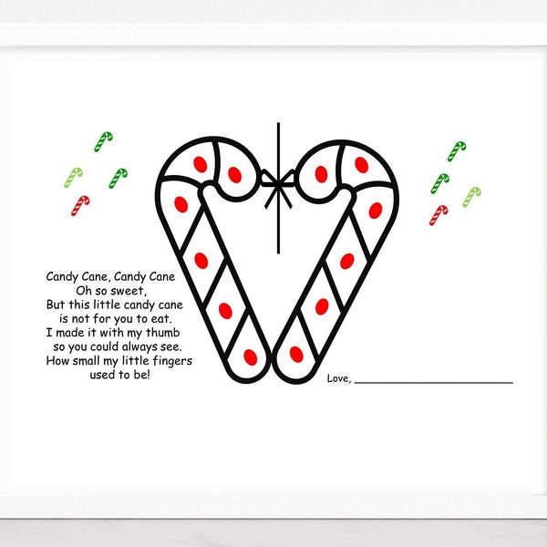 Candy Cane Poem, Thumbprint, Fingerprint art craft, Christmas craft for kids, DIY art card, Daycare, Preschool activity.