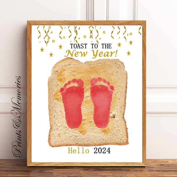 Toast to the New Year 2024, New Year craft for baby, toddler, DIY card, Footprint art Keepsake, Toast Art.