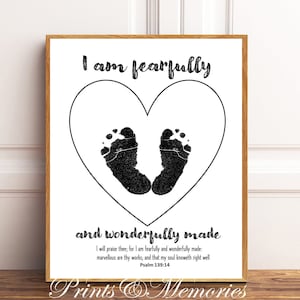 I am fearfully and wonderfully made, Psalm 139:14,  Footprint art, New baby keepsake, Footprint DIY, Nursery wall art, Christian Bible verse