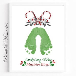 Snoepwensen en maretakkusjes, maretakvoetafdruk, babyvoetafdruk, kerstvoetafdruk kunstherinnering, doe-het-zelfkaart.