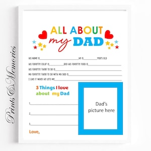 Alles über meinen Dad, Vatertags-/Geburtstagsgeschenk für Daddy, Vorlage zum Ausdrucken, Füllen Sie die Lücken, Fragebogen für Daddy.