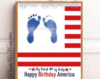 First 4th of July Footprint art Keepsake, American Flag craft, Happy 4th of July Printable.