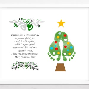 Poesia sull'impronta dell'albero di Natale, arte dell'impronta dell'albero, biglietto fai da te, ricordo della memoria del bambino.