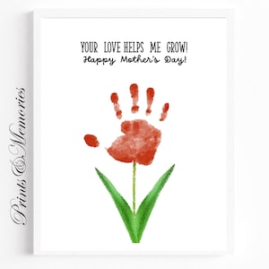 Jouw liefde helpt me groeien, Moederdag handafdruk kunst, bloem handafdruk ambacht, kleuterschool activiteit, baby peuter kind ambacht, doe-het-zelf-kaart.