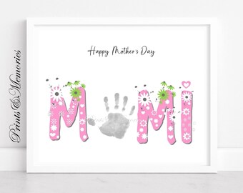 Mimi Handprint art, Mother's Day gift for Mimi, Printable Handprint craft, DIY card Baby toddler kid craft. Pink Floral Design art.