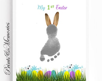 My First Easter Bunny Footprint art, Baby Keepsake, Easter craft, DIY art card.