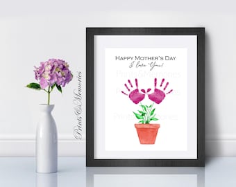 Arte con huellas de manos para el Día de la Madre: Maceta, manualidad para niños/niños, versión "Yo/Nosotros te queremos".