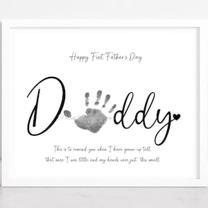 Fijne eerste Vaderdag, vadercadeau, handafdrukkunst aandenken, cadeau van baby, afdrukbare vaderdagsjabloon. DIY handafdrukkunst.