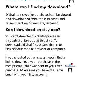Pu&ograve; includere: Uno sfondo bianco con testo blu che dice "Frequently asked Questions?" e "Where can I find my download?" Il testo spiega come scaricare gli articoli digitali acquistati su Etsy. Il testo spiega anche come scaricare gli articoli digitali acquistati come ospite.