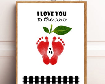 I love you to the core apple footprint craft, apple craft, toddler activity, footprint wall art, footprint keepsake, footprint printable,DIY