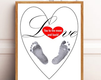 To the moon and back handprint footprint art, Baby keepsake, newborn gift.