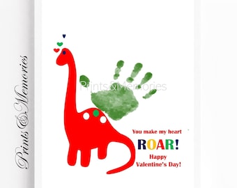 Valentine's Day craft for kids, Dinosaur Handprint art, PINK and RED, Digital Download