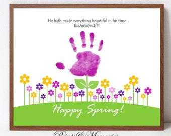 Ecclesiastes 3:11, He hath made everything beautiful in his time, Handprint wall art, Spring craft for kids, Bible verse, flower handprint.