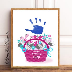 Geschenk für Gigi/Mimi, Blumenkorb Handabdruck Kunst, Blumenstrauß Handabdruck Wandkunst, Geschenk vom Enkelkind.