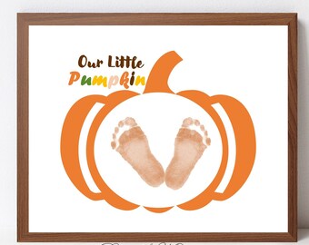 Herfst handafdruk voetafdruk kunst ambacht, onze kleine pompoen baby aandenken, Thanksgiving afdrukbare sjabloon, herfst kinderkamer kunst aan de muur, babycadeau