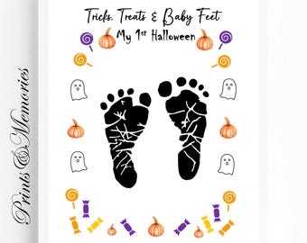 Artesanato com pegadas de bebê para o Halloween, lembrancinhas de gostosuras e travessuras, meu primeiro Halloween, atividade para crianças pequenas, ideia de presente para bebê, download digital