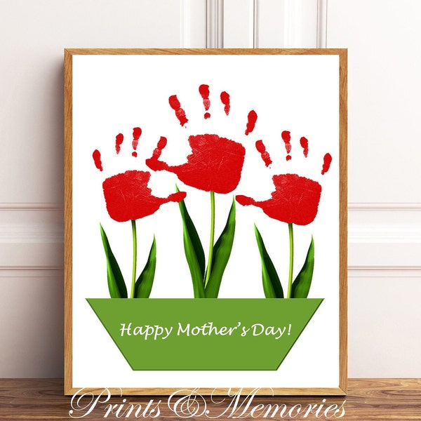 Mother's Day gift for Mom from Kids, 3 Stems Flower Handprint Art,  Siblings Handprint craft, Baby toddler kid Keepsake, Printable Card DIY