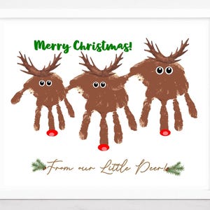 Lavoretto con le impronte delle mani delle renne, ricordo fai da te con biglietto, buon Natale dal nostro piccolo lavoretto con le impronte delle mani dei cervi, lavoretto con i fratelli.