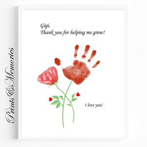 Gigi, merci de m'avoir aidé à grandir, impression d'art artistique pour la fête des mères, création artisanale d'empreintes de main de fleur, cadeau pour Gigi. Carte à faire soi-même, oeuvre d'art pour bébé en bas âge