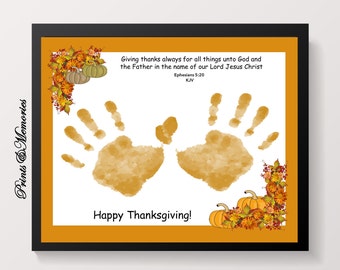 Ephesians 5:20, Thanksgiving craft for kids, Handprint art Keepsake, DIY Handprint, Scripture Bible verse, Sunday School class activity.
