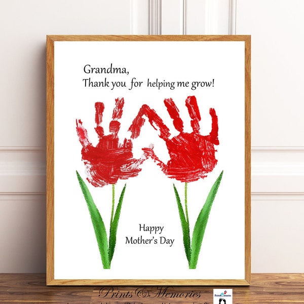 Grandma, thank you for helping me/us grow, Mother's Day gift for grandma, 2 flower handprint, baby toddler kid keepsake, gift from grandkid.