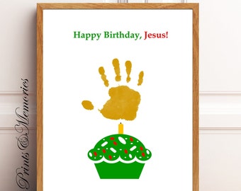 Christmas Handprint Art: Happy Birthday Jesus Cupcake Craft (Digital Download)