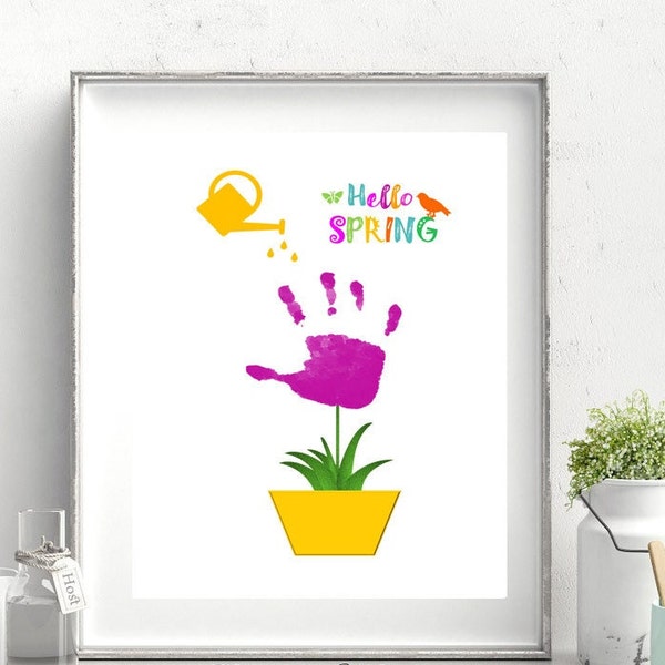 Spring Handprint craft for kids, Flower handprint art, Printable Template, Handprint art craft gift card, Preschool craft, Hello Spring.