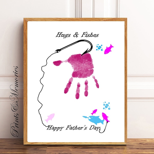 Father's Day craft, Pink/Blue, Fish hook Handprint art ,Hugs and Fishes, gift for Dad, grandfather, uncle. gift from niece, daughter, son.