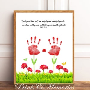 Psaume 139:14, Effrayant et merveilleusement fait, Flower Handprint art, verset biblique, cadeau de printemps/Pâques/Fête des Mères, activité de l&#39;école du dimanche.
