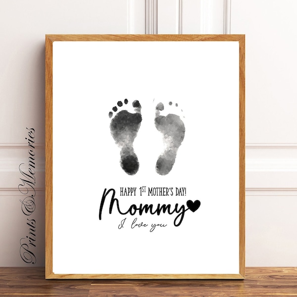 Happy First Mother's Day Footprint art, Mom's First Mother's Day gift, Baby Footprint art, Baby Handprint art, New Baby gift.