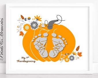 First Thanksgiving Footprint Art - Baby Kürbis Fußabdruck Andenken, DIY druckbares Handwerk für Kleinkinder und Kinder, Urlaub Digitaler Download